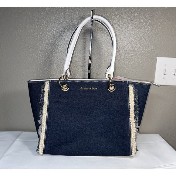 Samantha Vega Fulfilled Love Denim Faux Pearls Tote Bag New NWT - Picture 1 of 12
